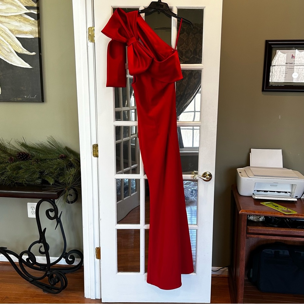Betsy & Adam Satin Bow One Shoulder Sleeveless Red Mermaid Gown Size 14
